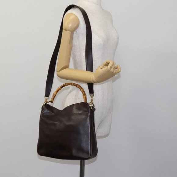 GUCCI Bamboo Hand Bag Leather 2way Brown Gold - Picture 13 of 15